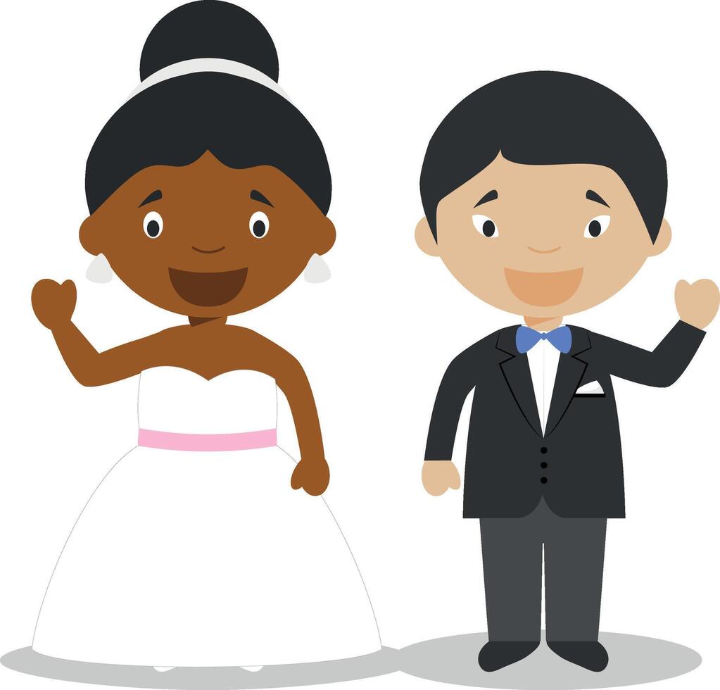 Black bride and oriental bridegroom Interracial newlywed couple in cartoon style illustration vector