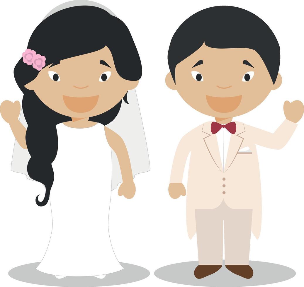 Oriental newlywed couple in cartoon style illustration vector