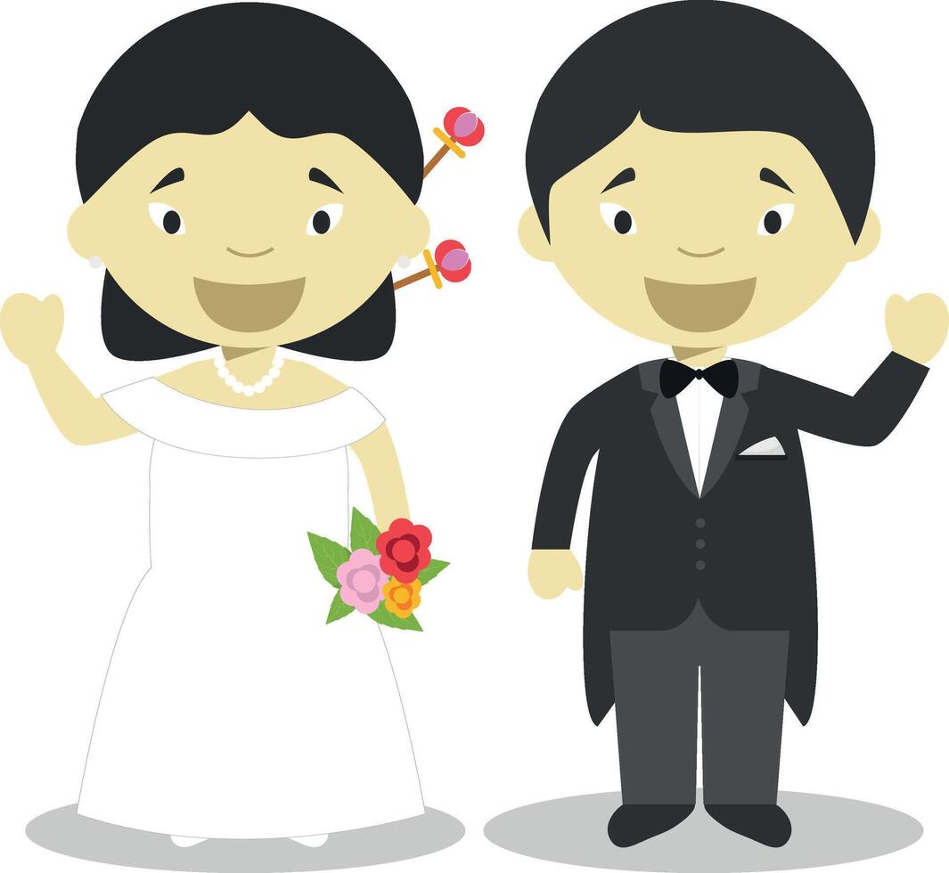 Oriental newlywed couple in cartoon style illustration vector