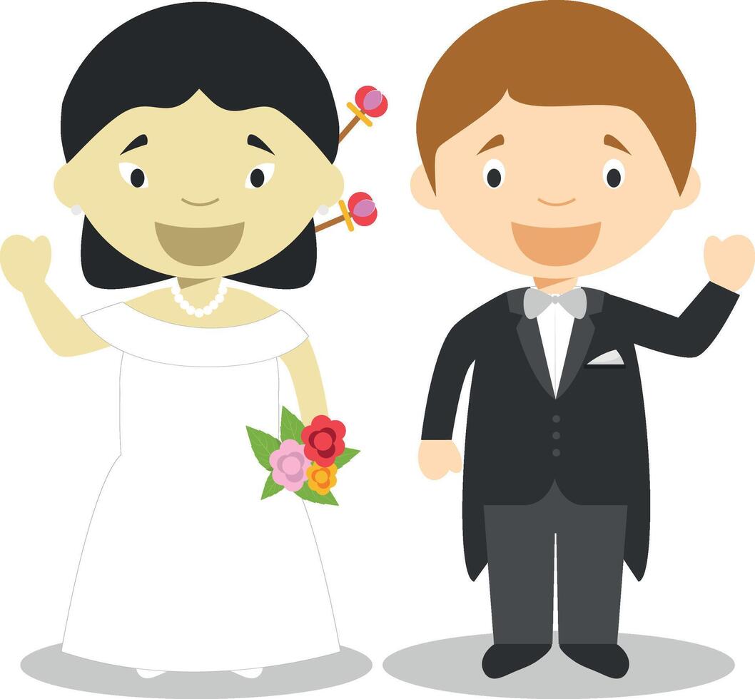 Oriental bride and caucasian bridegroom Interracial newlywed couple in cartoon style illustration vector