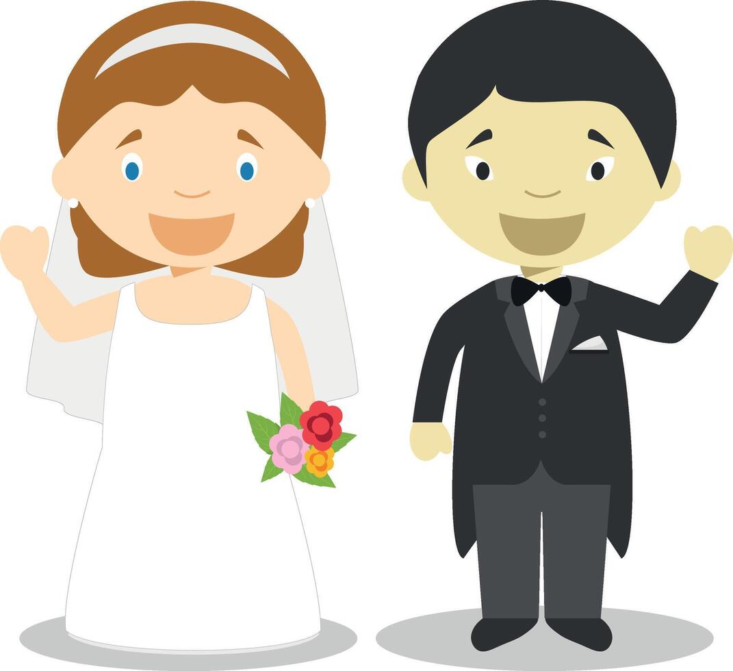 Caucasian bride and oriental bridegroom Interracial newlywed couple in cartoon style illustration vector