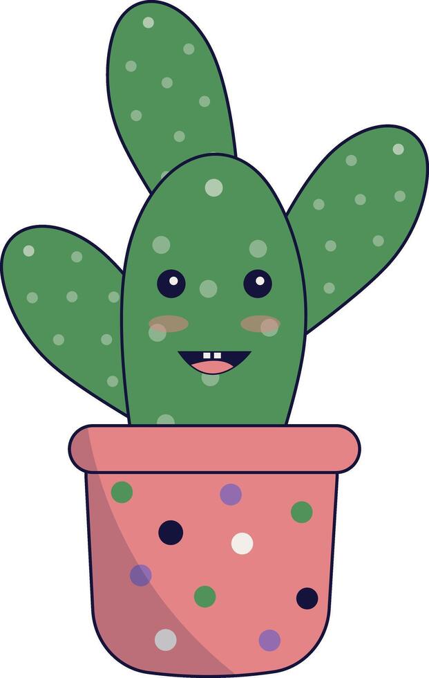 Kawaii Potted Cactus Illustration. Cute Cartoon Style. vector