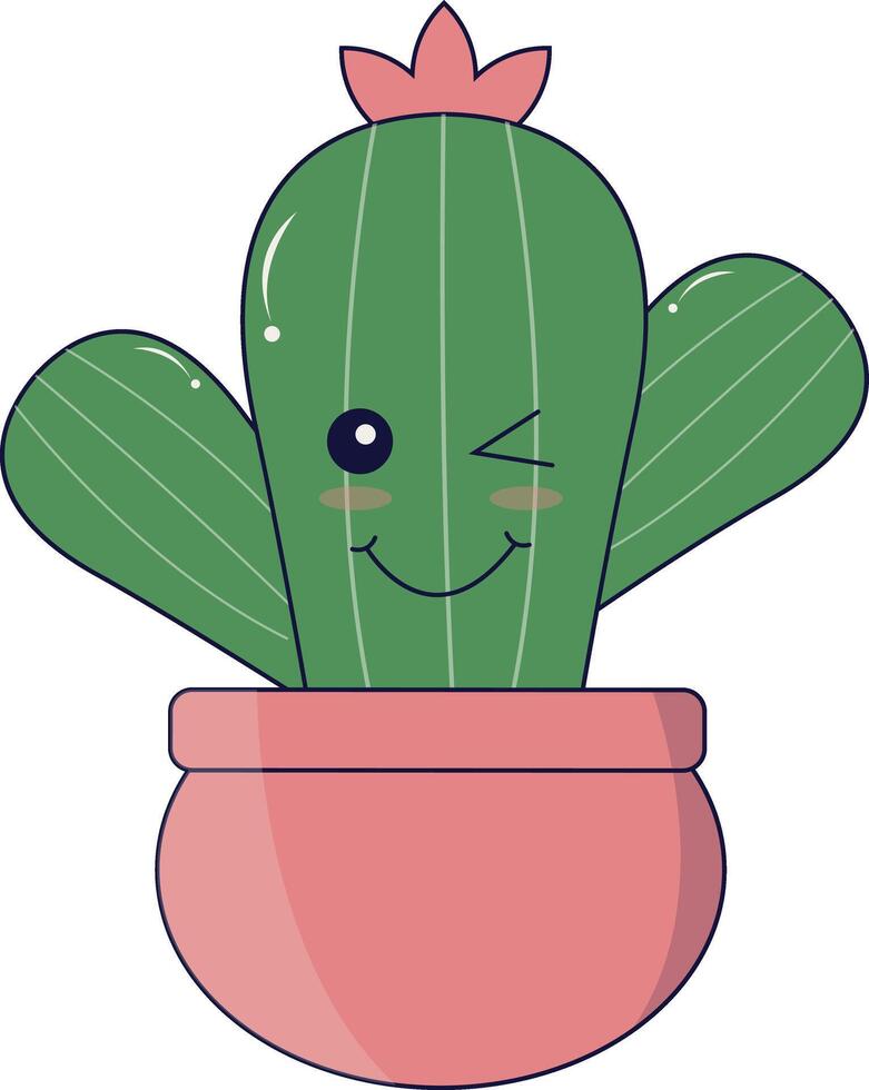 Kawaii Potted Cactus Illustration. Cute Cartoon Style. vector