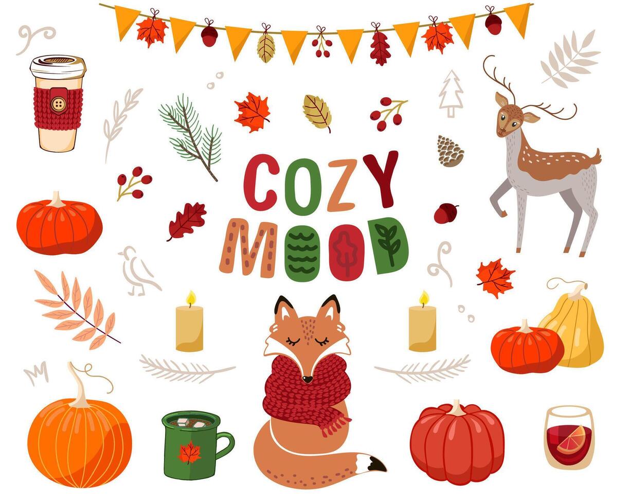 Big autumn set of cute elements. Forest animals, leaves, garland, warm drinks. Cozy mood. Doodle stickers on white background. vector