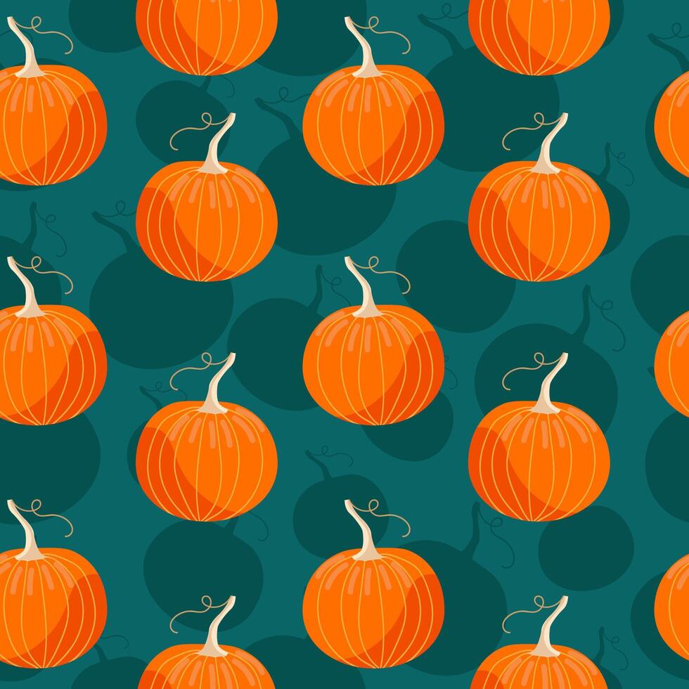 Cute autumn seamless pattern with hand drawn pumpkins on dark turquoise background. Pattern for thanksgiving, halloween, gift wrapping or textile. vector