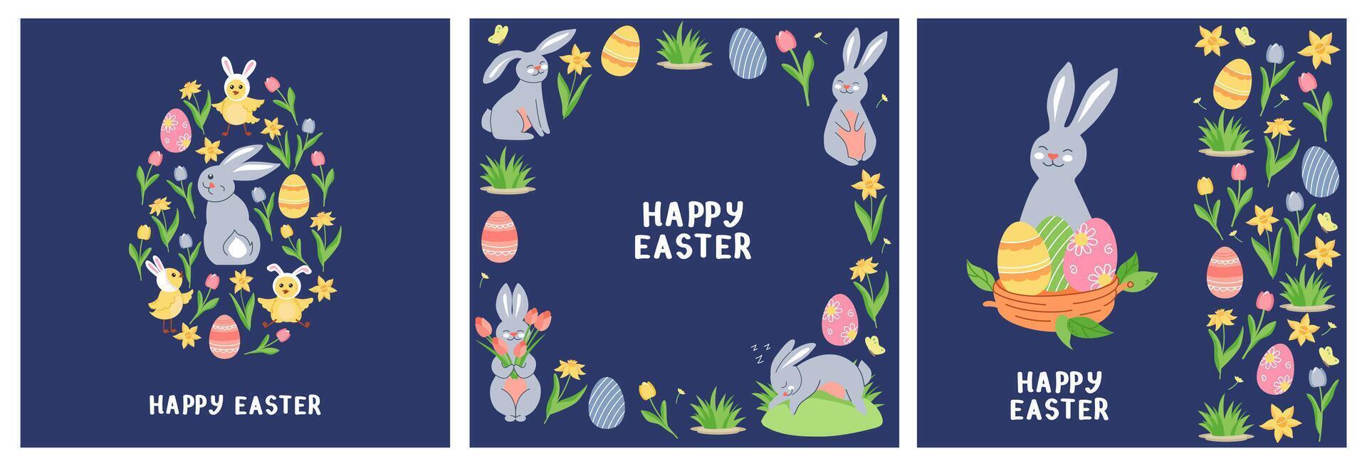 Set of square Happy Easter greeting cards. Cute characters, spring flowers on a blue background. vector