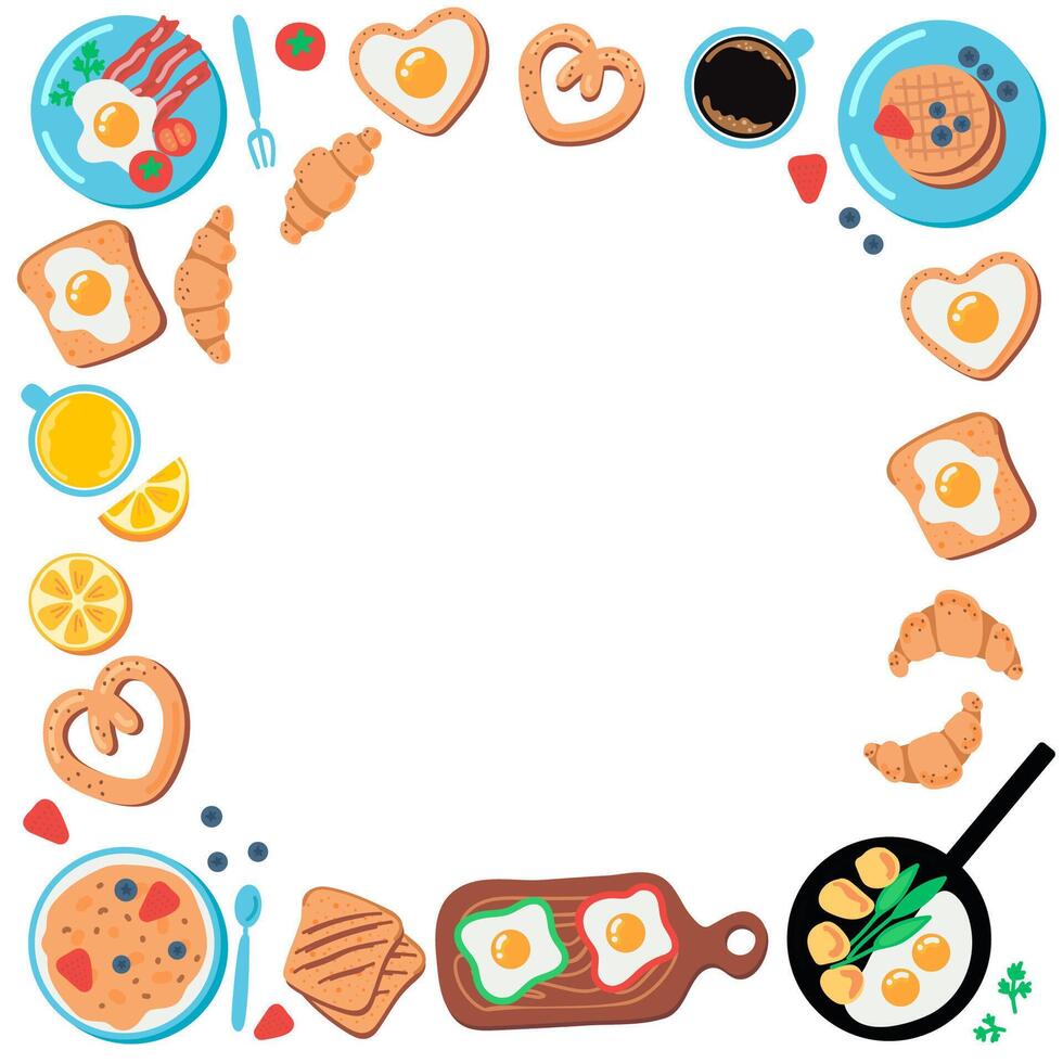 Square banner template with breakfast food. Frame with coffee, toast, croissant, eggs and other food on white background. vector