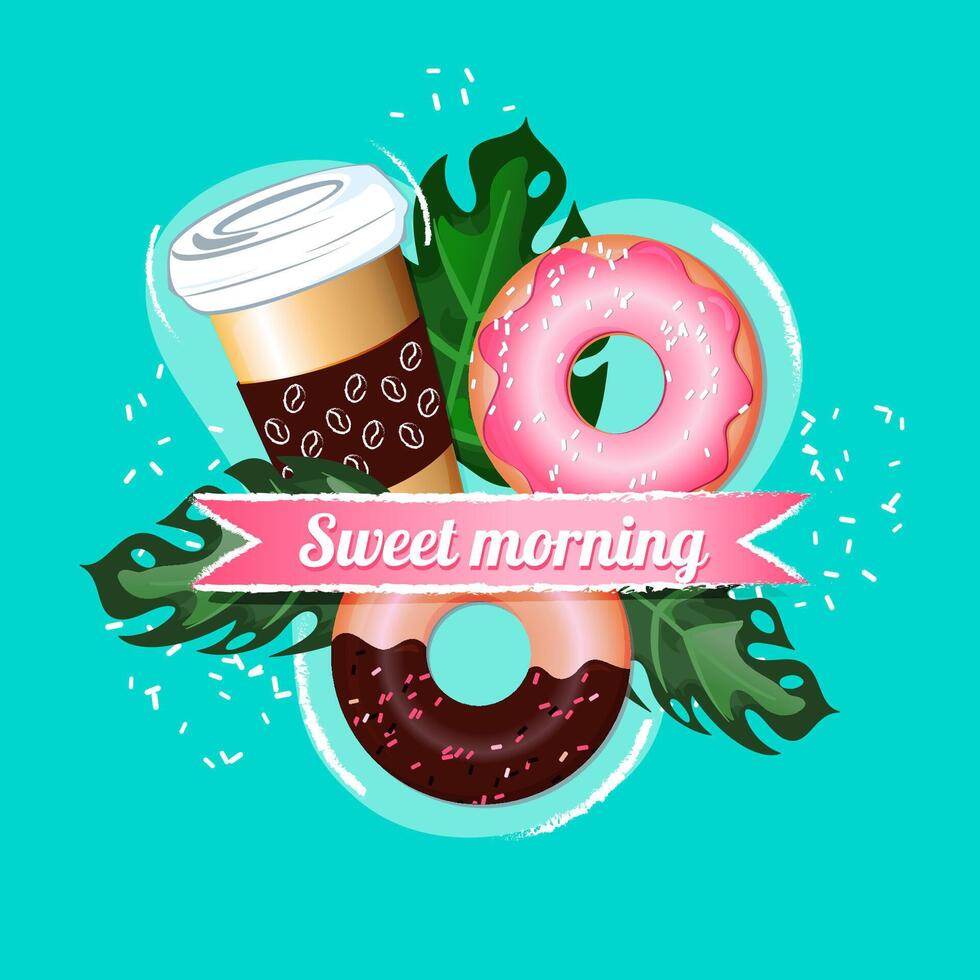 Composition of coffee and donuts with tropic leaves vector
