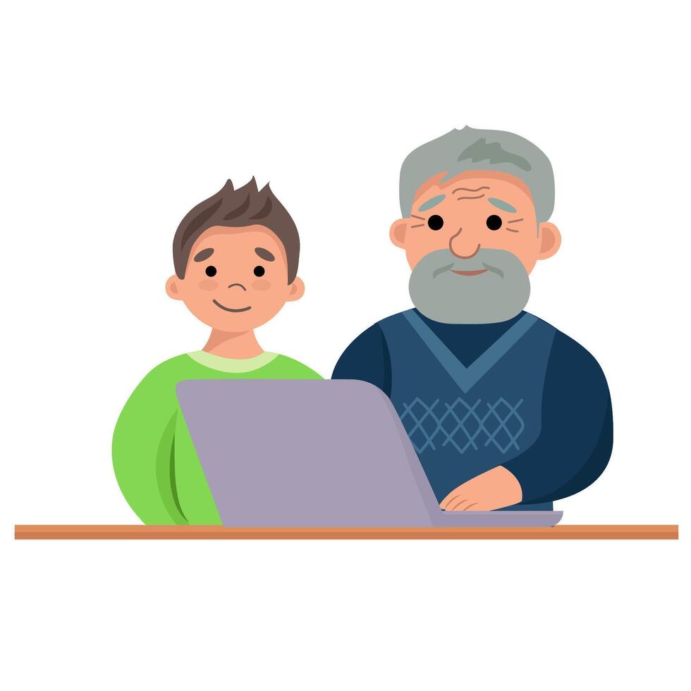 abuelo y nieto utilizar un ordenador portátil. ilustración en dibujos animados estilo en un blanco antecedentes. vector