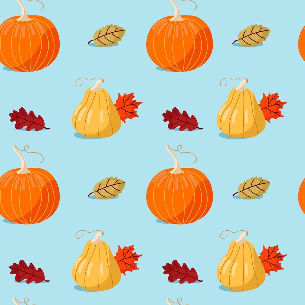 Cute seamless pattern with hand drawn pumpkins and autumn leaves on light blue background. Pattern for thanksgiving, halloween, gift wrapping or textile. vector