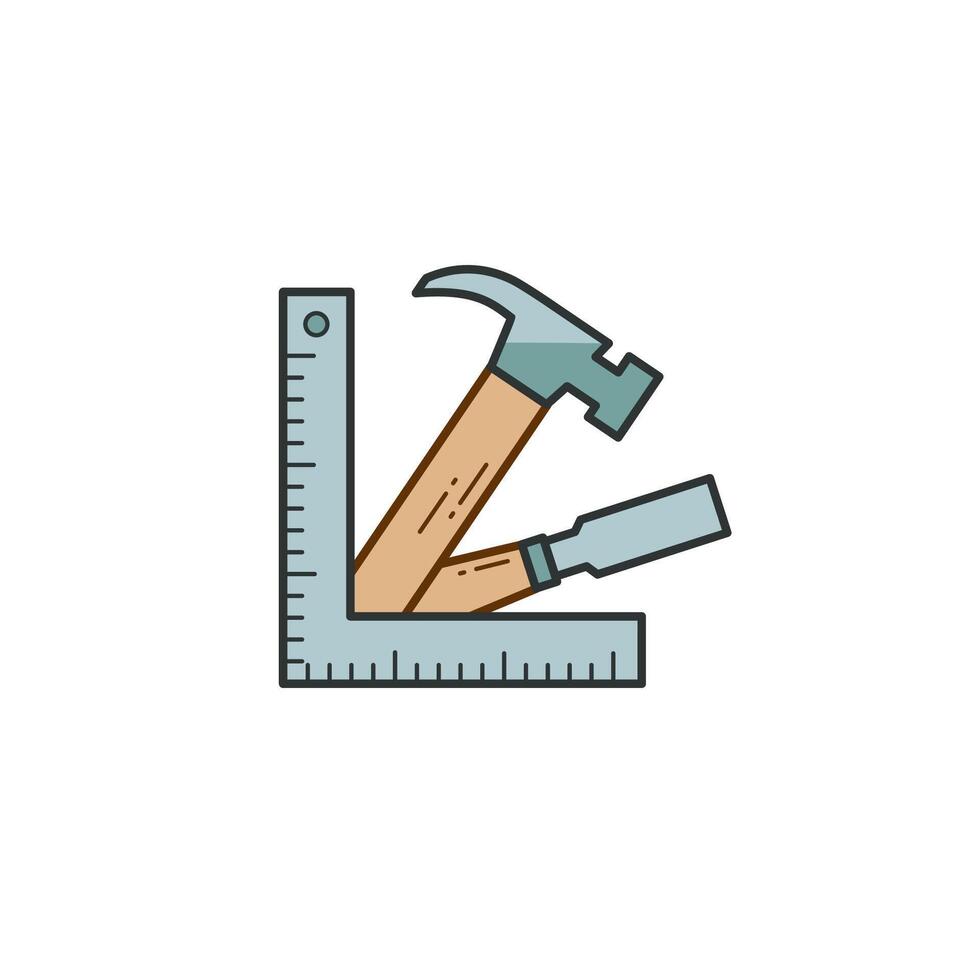 Tools for a carpenter. Angle ruler, hammer, chisel. Logo, icon for carpentry workshop. Flat color icon for a furniture manufacturing company. vector