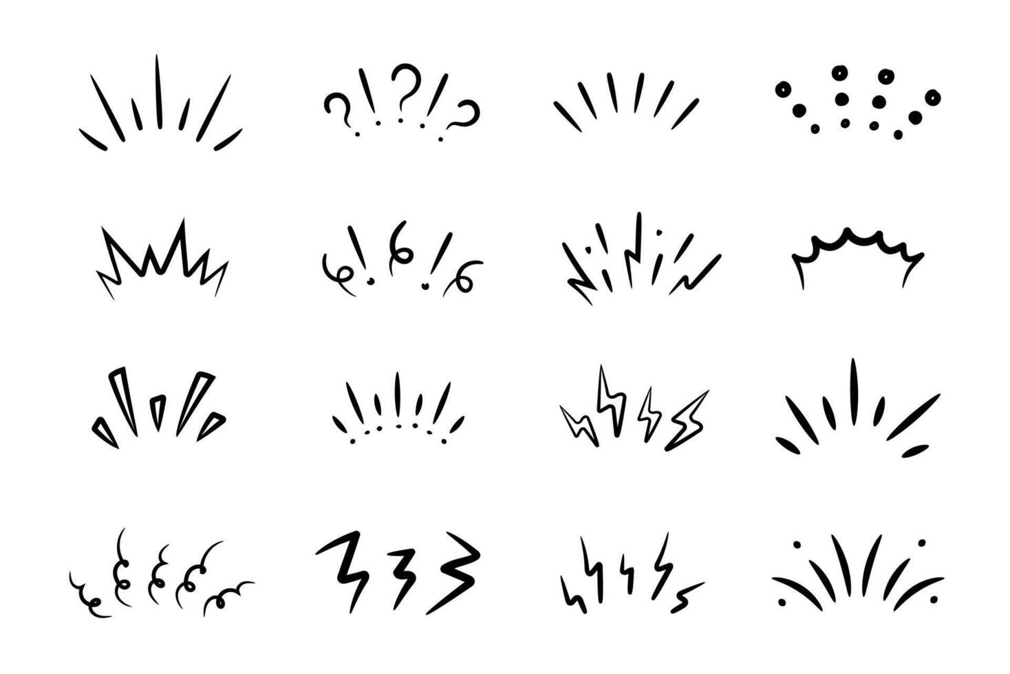 Set of doodle brush signs inspiration, surprise, attention, question, shock, concentration. Sketch stroke lines. vector
