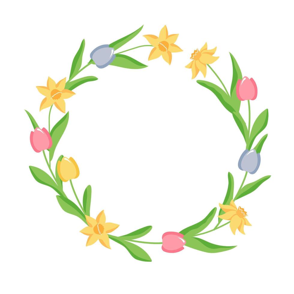 Gentle spring wreath of flowers. Easter round text frame. Tulips border decoration for holiday card vector