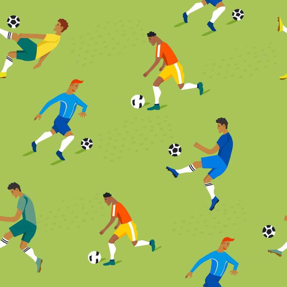 Soccer football match. Professional football players in game. Seamless pattern with balls. vector