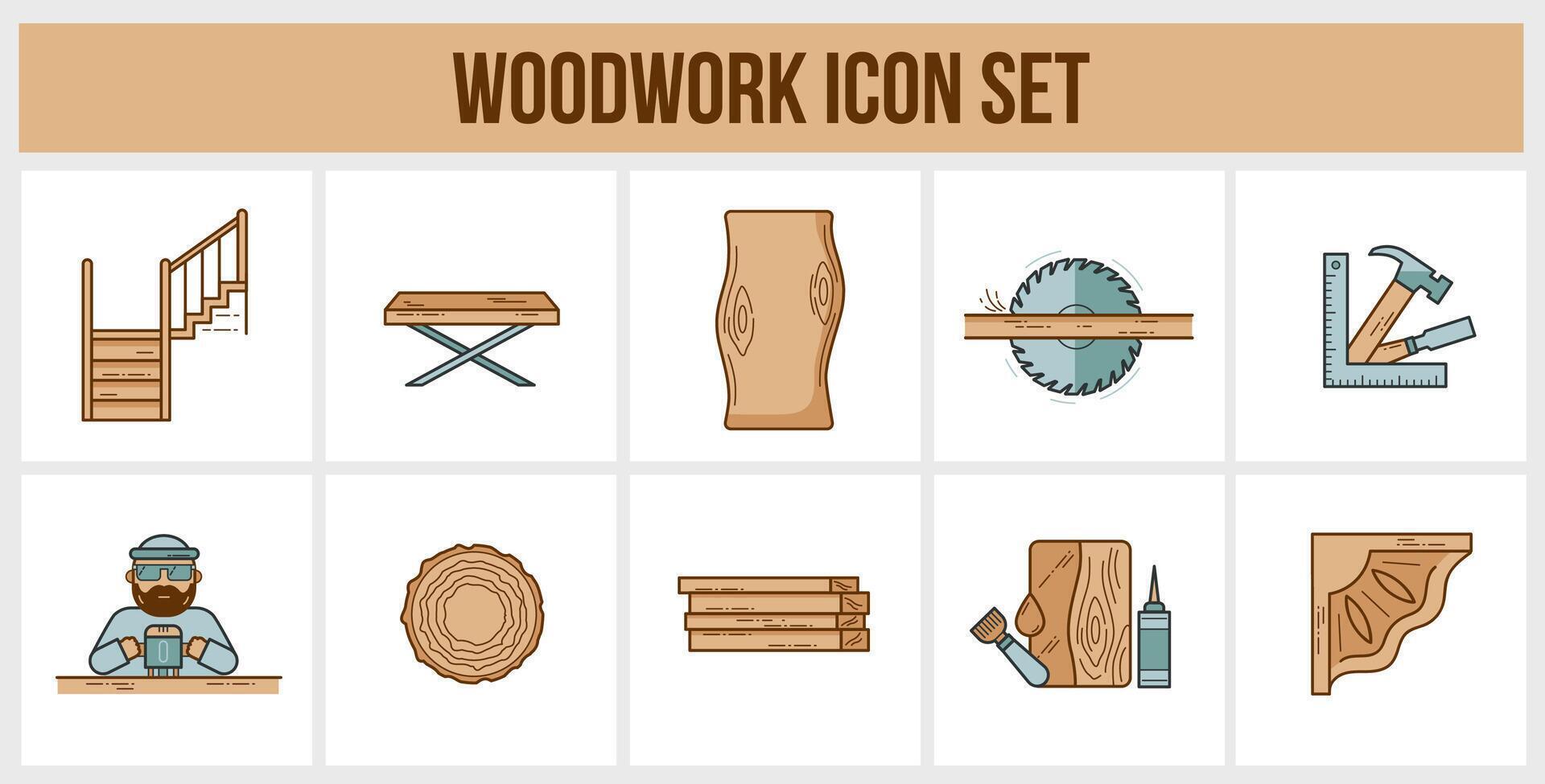 madera trabajo icono conjunto vector