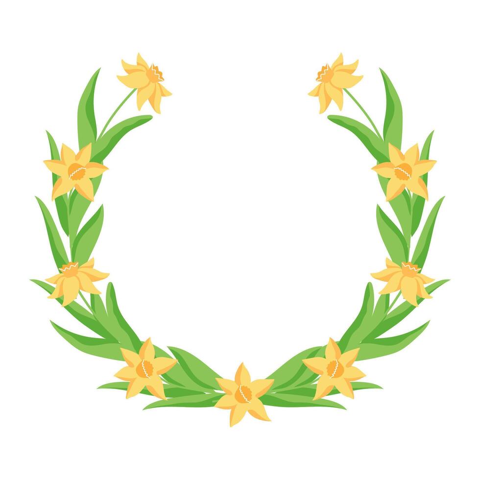 Daffodils spring wreath. Easter round text frame. Flowers border decoration for holiday card on white background. vector