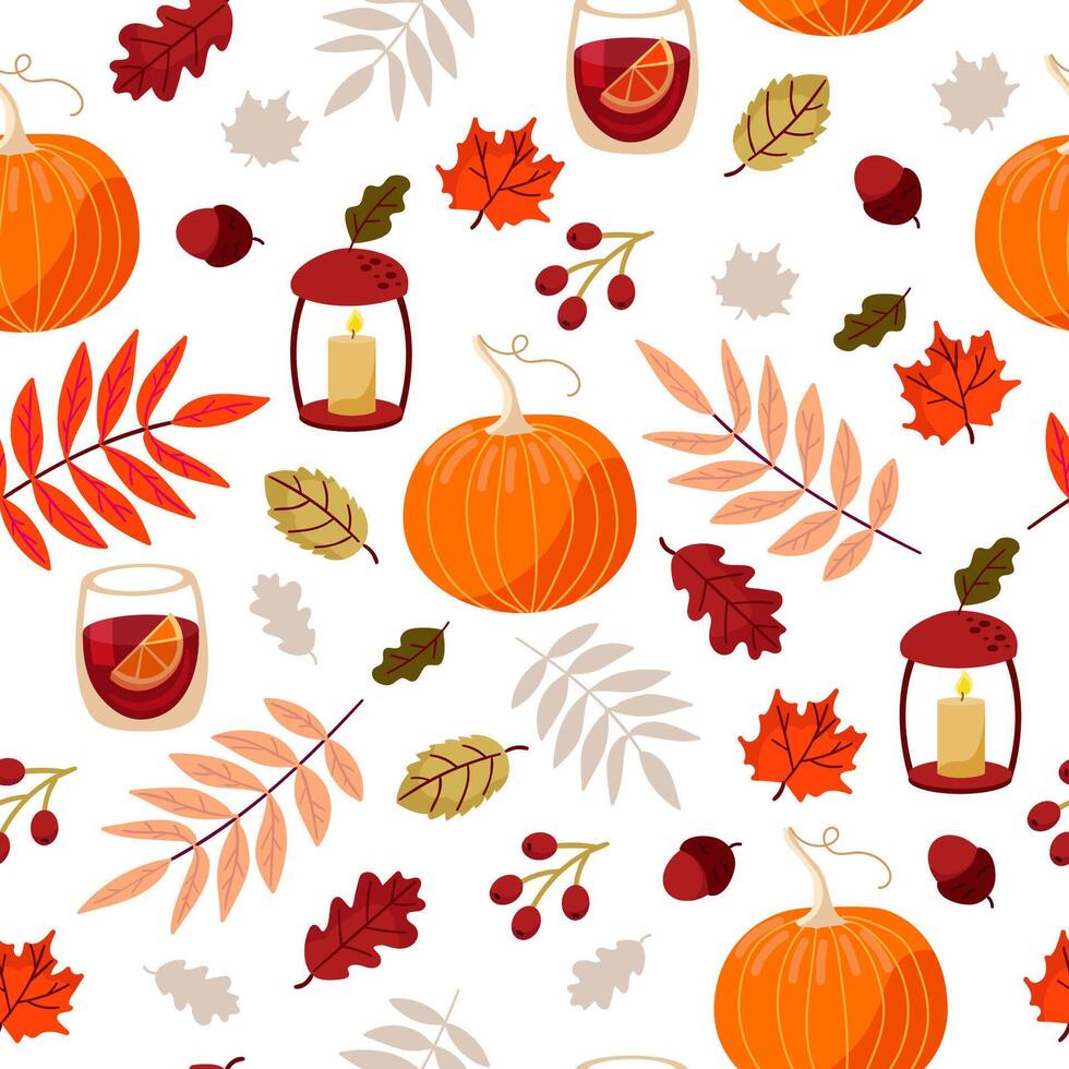 Seamless autumn background. Pumpkins, oak leaves, maple, acorns and fruits. vector