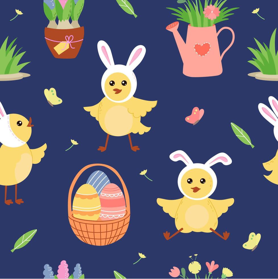 Easter beautiful seamless background. Cartoon chicks, easter basket with eggs and flowers on dark blue background. Festive bright layout for printing on packaging, fabric, paper and other surfaces. vector