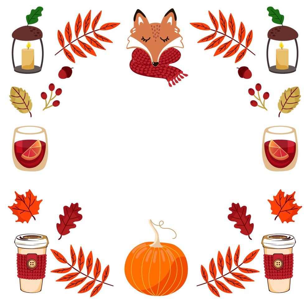 Autumn cozy frame. Autumn leaves, fox, mulled wine, pumpkin, cup of tea. Square frame for text. vector