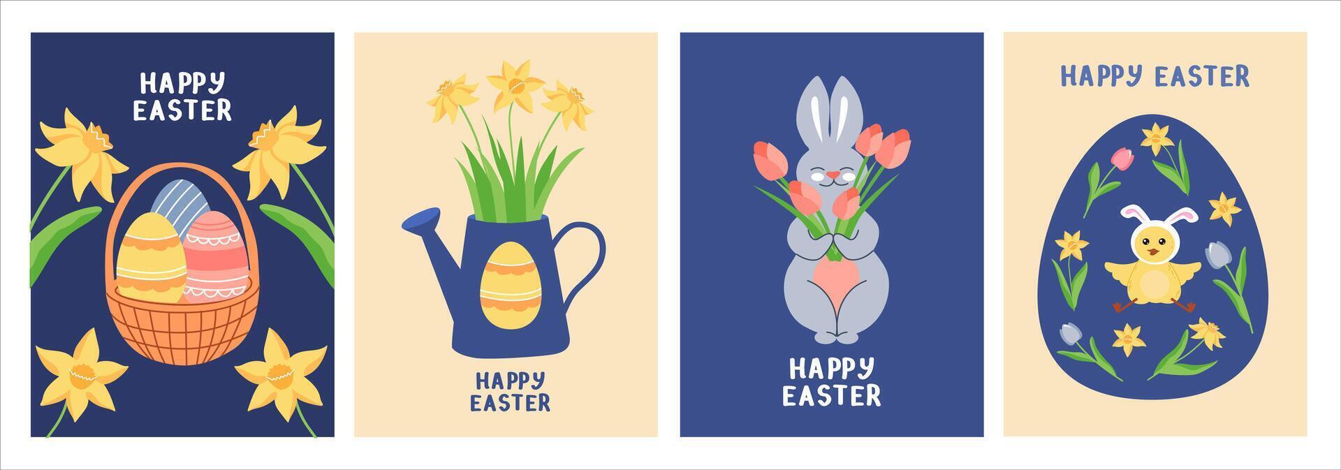 Cute Easter cards set. Spring characters and elements on blue background. Funny bunny, chickens, eggs, spring flowers. vector