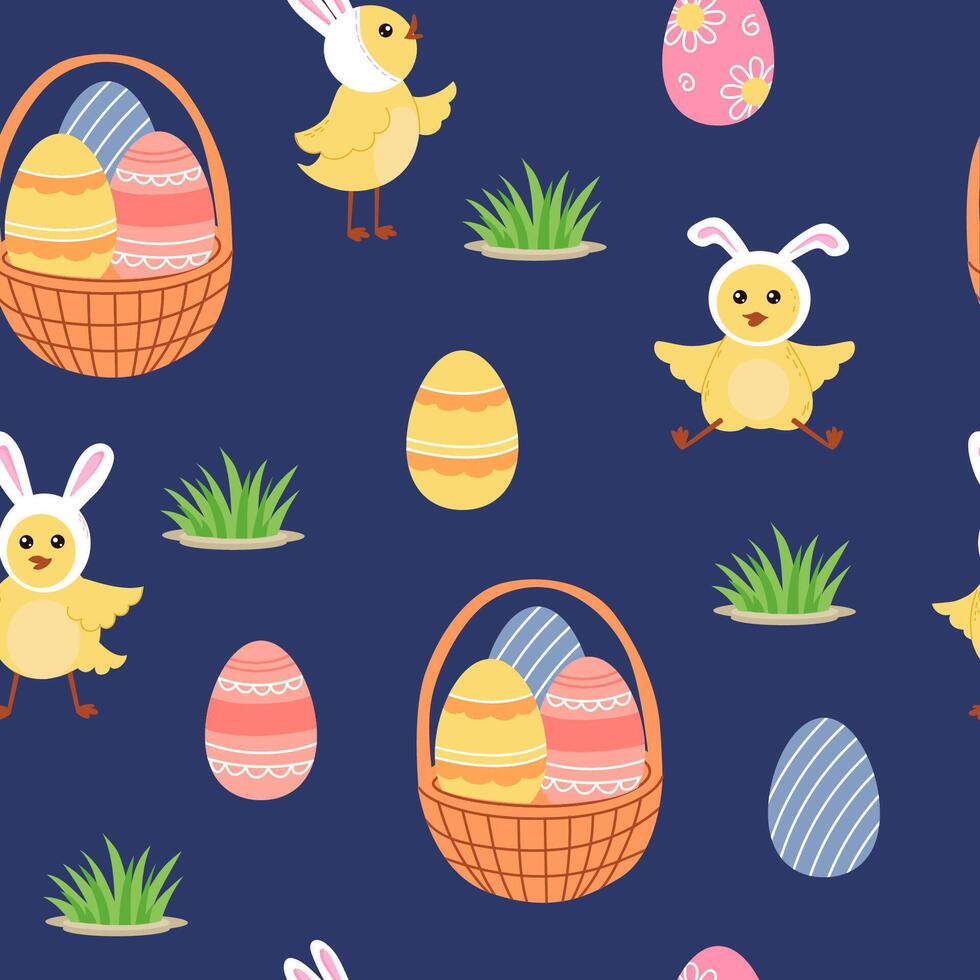 Easter beautiful seamless background. Easter basket with eggs and cute cartoon chicks on dark blue background. Festive bright layout for printing on packaging, fabric, paper and other surfaces. vector