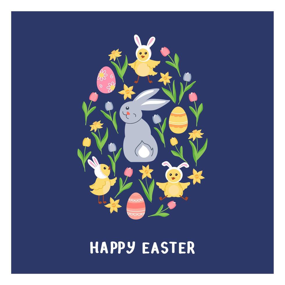 Happy Easter template. Cute bunny, chicks and spring flowers on blue background. editable illustration for printing greeting card, banner, social media post. vector