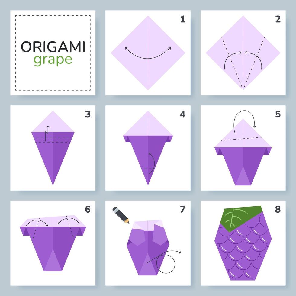 Grape origami scheme tutorial moving model. Origami berry for kids. Step by step how to make paper fruit. illustration. vector