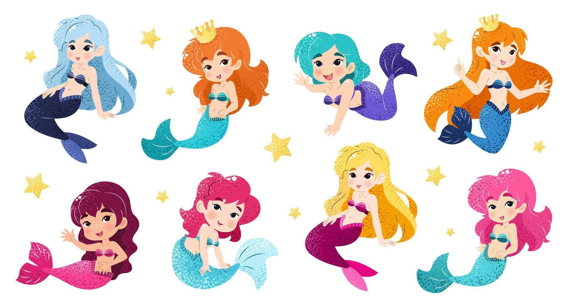 Bundle with kawaii mermaids. Isolated illustrations on a white background with funny magical creatures for a childish print. clip art. An underwater set of princesses. Sea life. vector