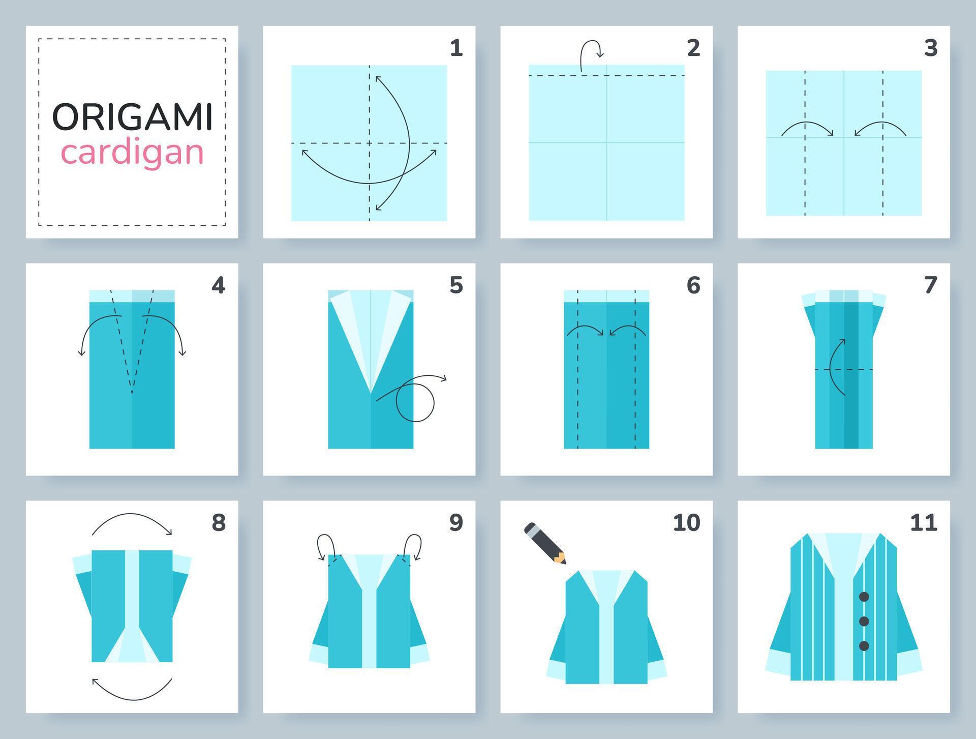Sweater origami scheme tutorial moving model. Origami garment for kids. Step by step how to make