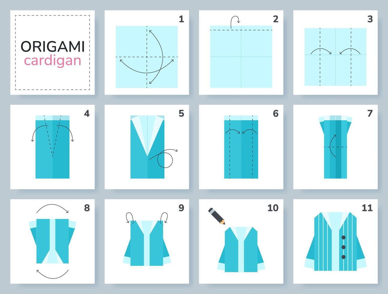 Sweater origami scheme tutorial moving model. Origami garment for kids. Step by step how to make paper cardigan. illustration. vector