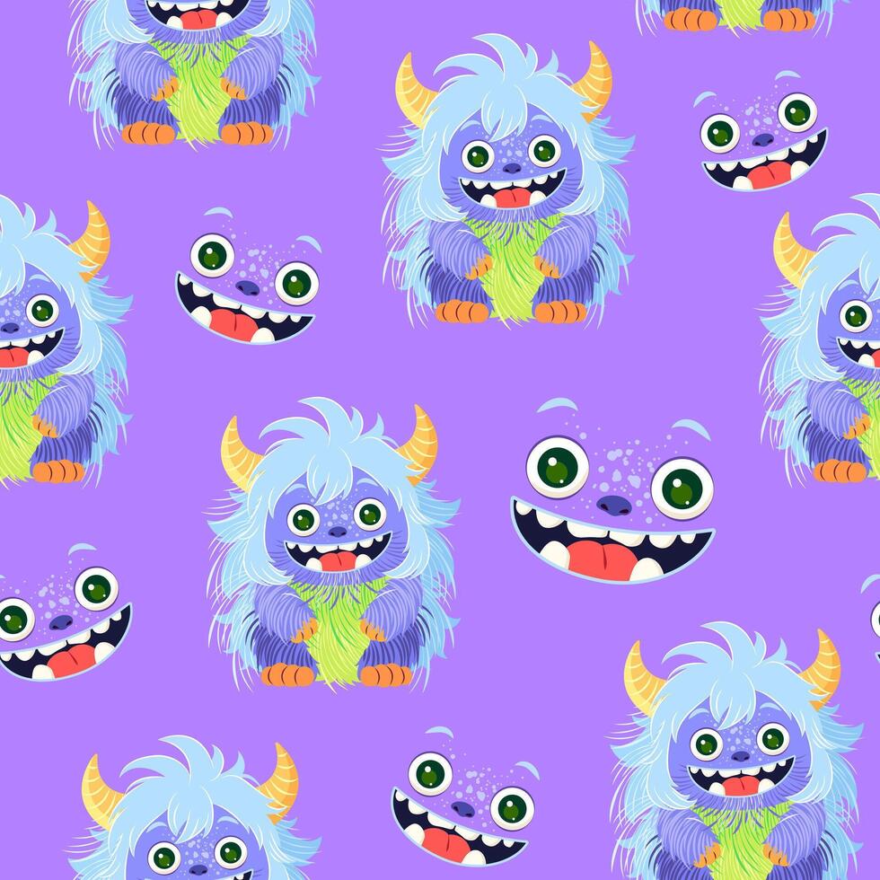 Cartoon seamless pattern with cute fluffy monsters. tile for childish print, wrapping paper, textile design. Funny characters on violet background. vector