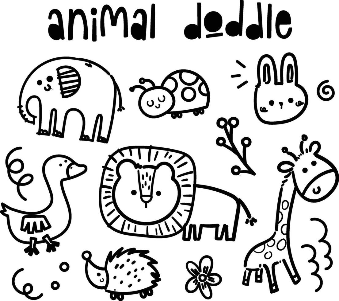 cute monochrome outline animal doodle collection vector