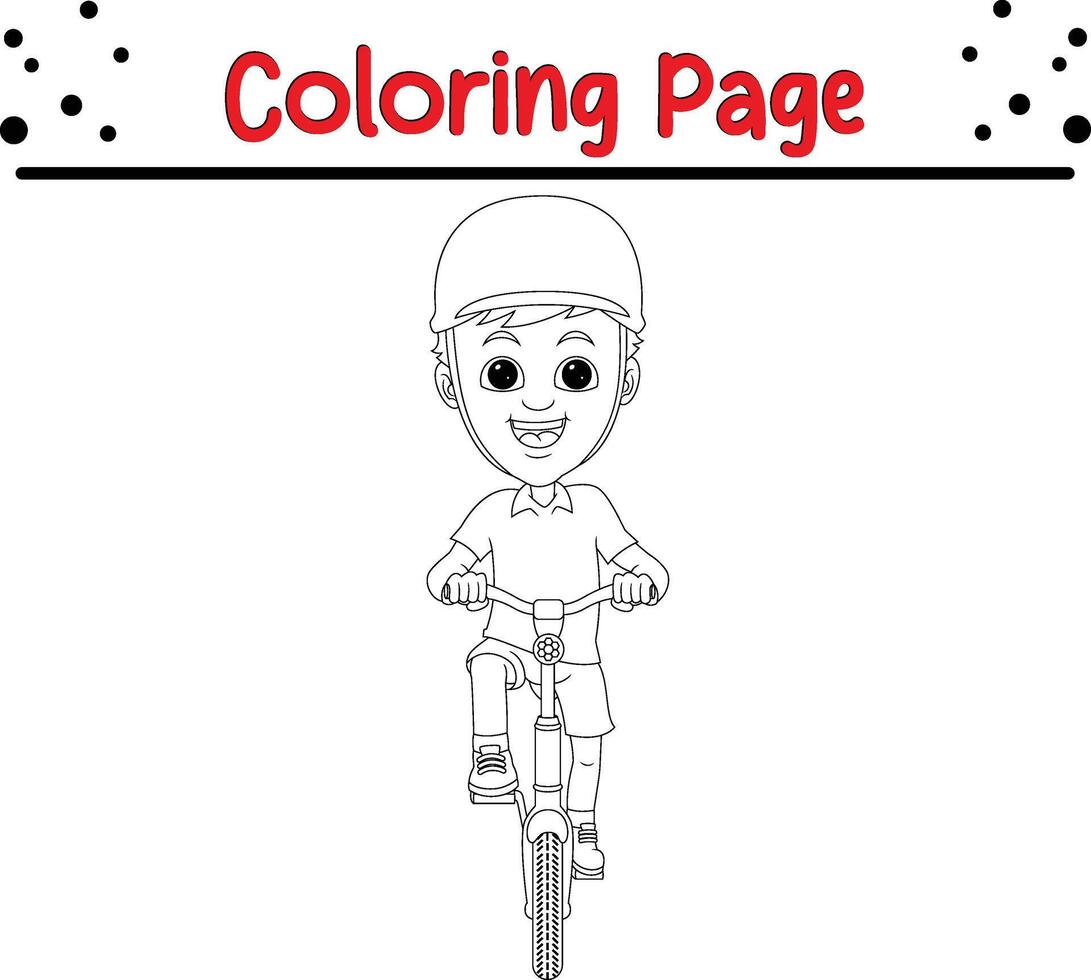 contento chico montando bicicleta colorante libro página para niños y adultos vector