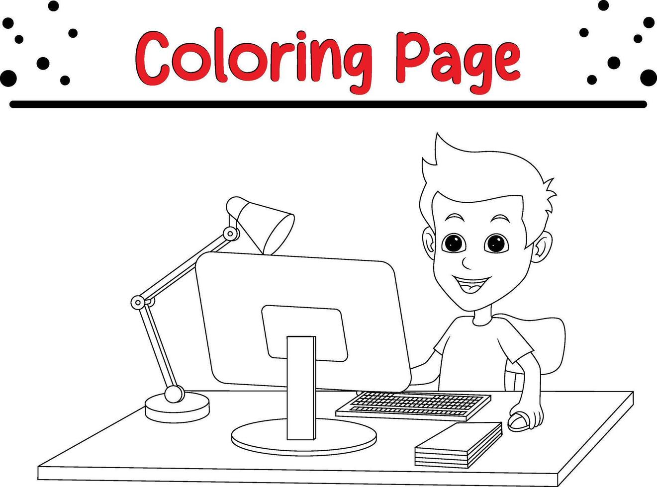 happy boy with personal computer coloring book page for kids and adults vector