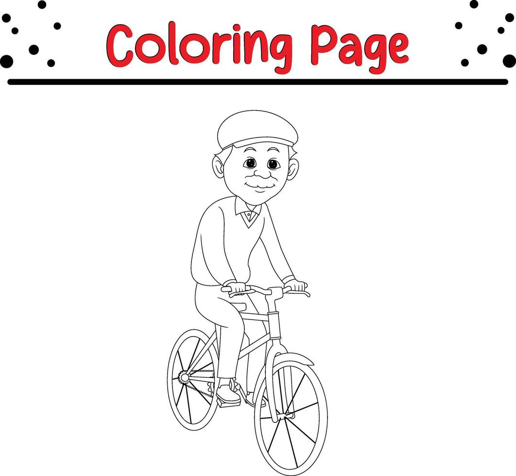 contento abuelo montando bicicleta colorante libro página para niños y adultos vector