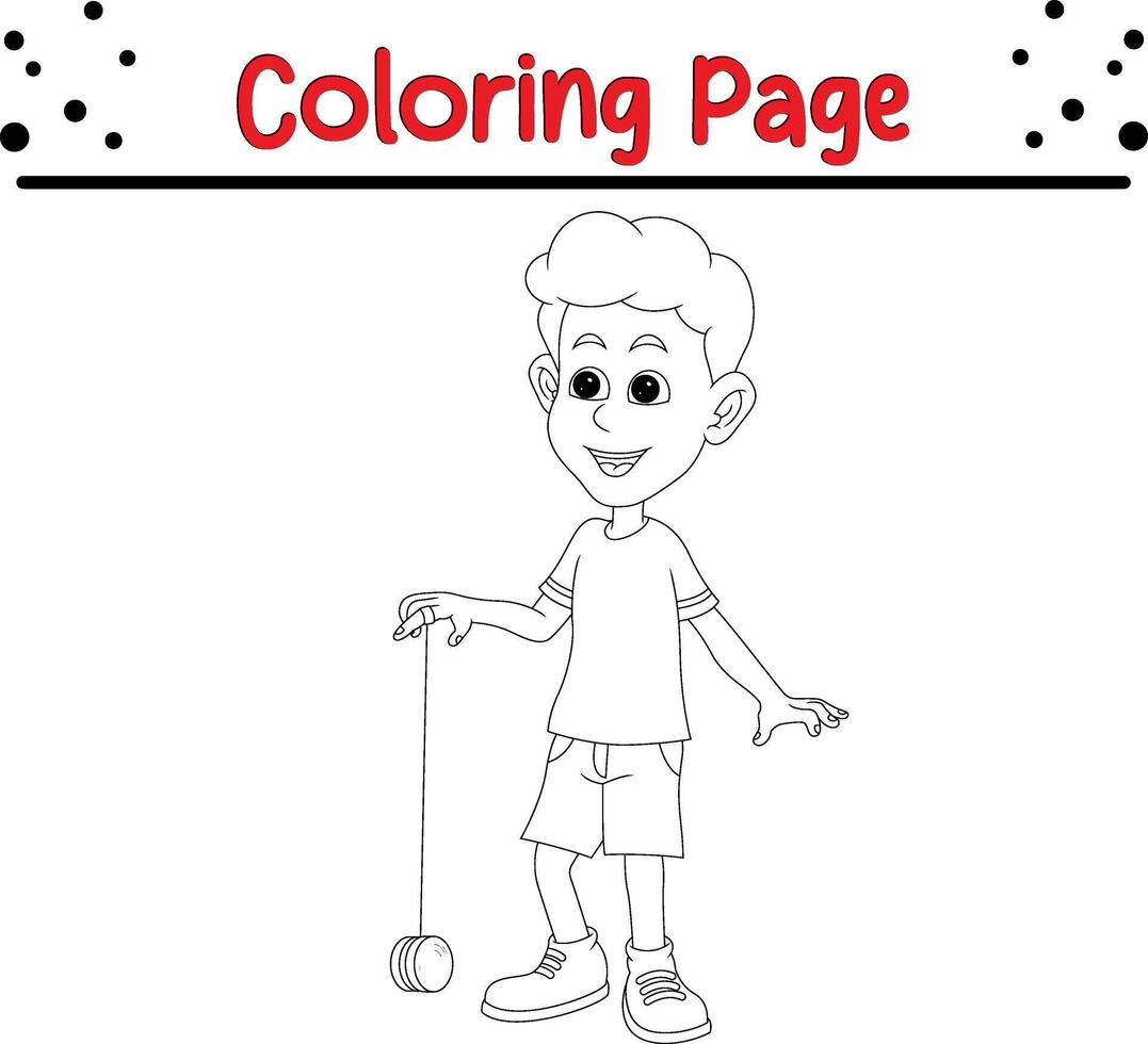 contento chico jugando yo yo colorante libro página para niños y adultos vector