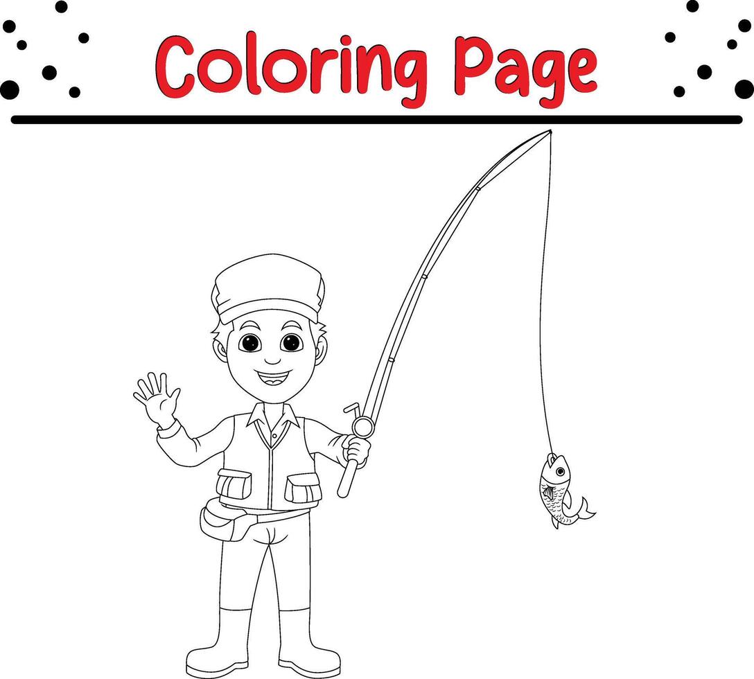 fisherman catch fish with fishing coloring book page for adults and kids vector