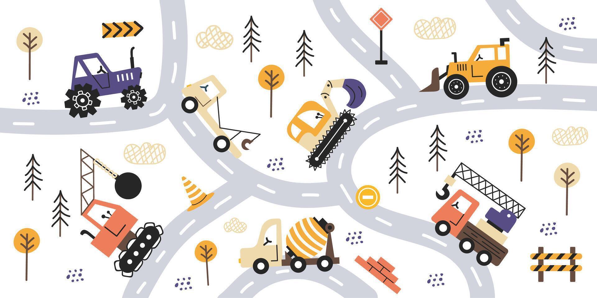 set with cute cars, tractors and road equipment. Road elements, concrete mixer, excavator, crane. Set construction vehicle in Scandinavian style. Hand drawn children illustration.Diggers vector