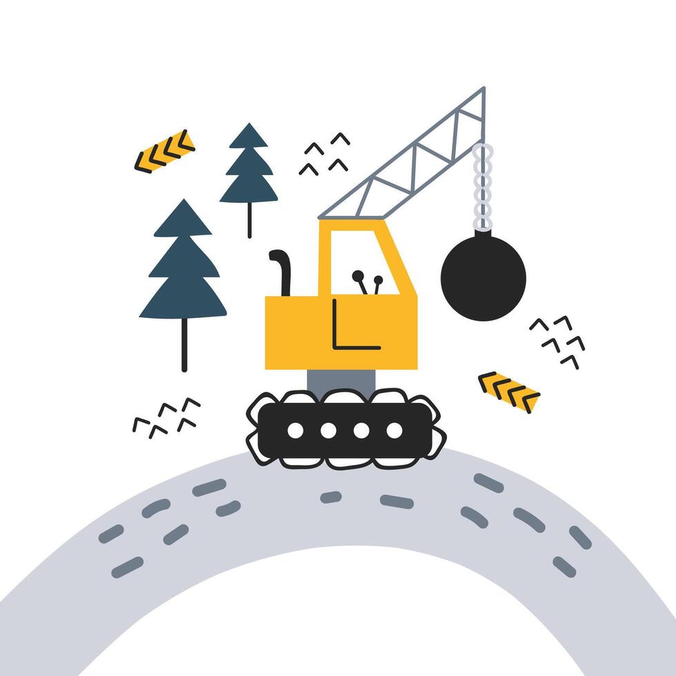 Cute excavator. print with cute car for fabric, textile, wallpaper and postcard design.Hand drawn digger. Children's minimalistic illustration in Scandinavian style. White isolated background. vector