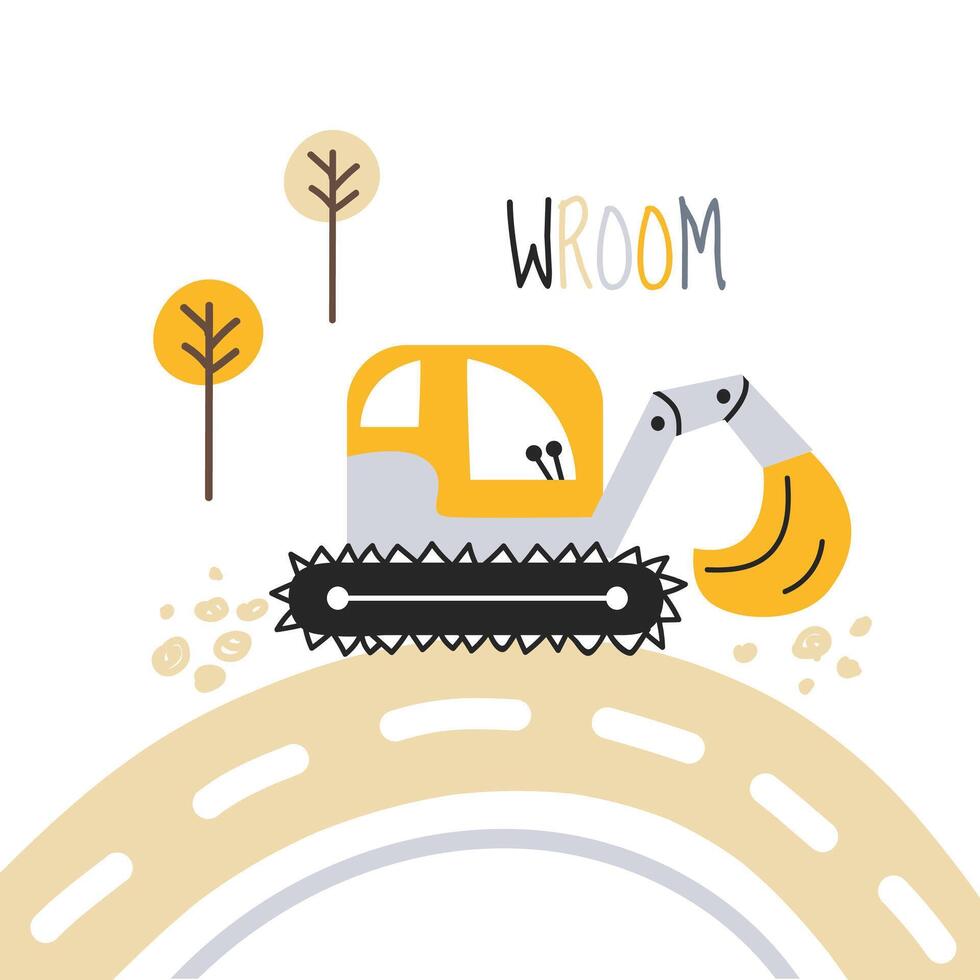 Cute excavator. print with cute car for fabric, textile, wallpaper and postcard design. Children's minimalistic illustration in Scandinavian style. White isolated background. Wroom. vector