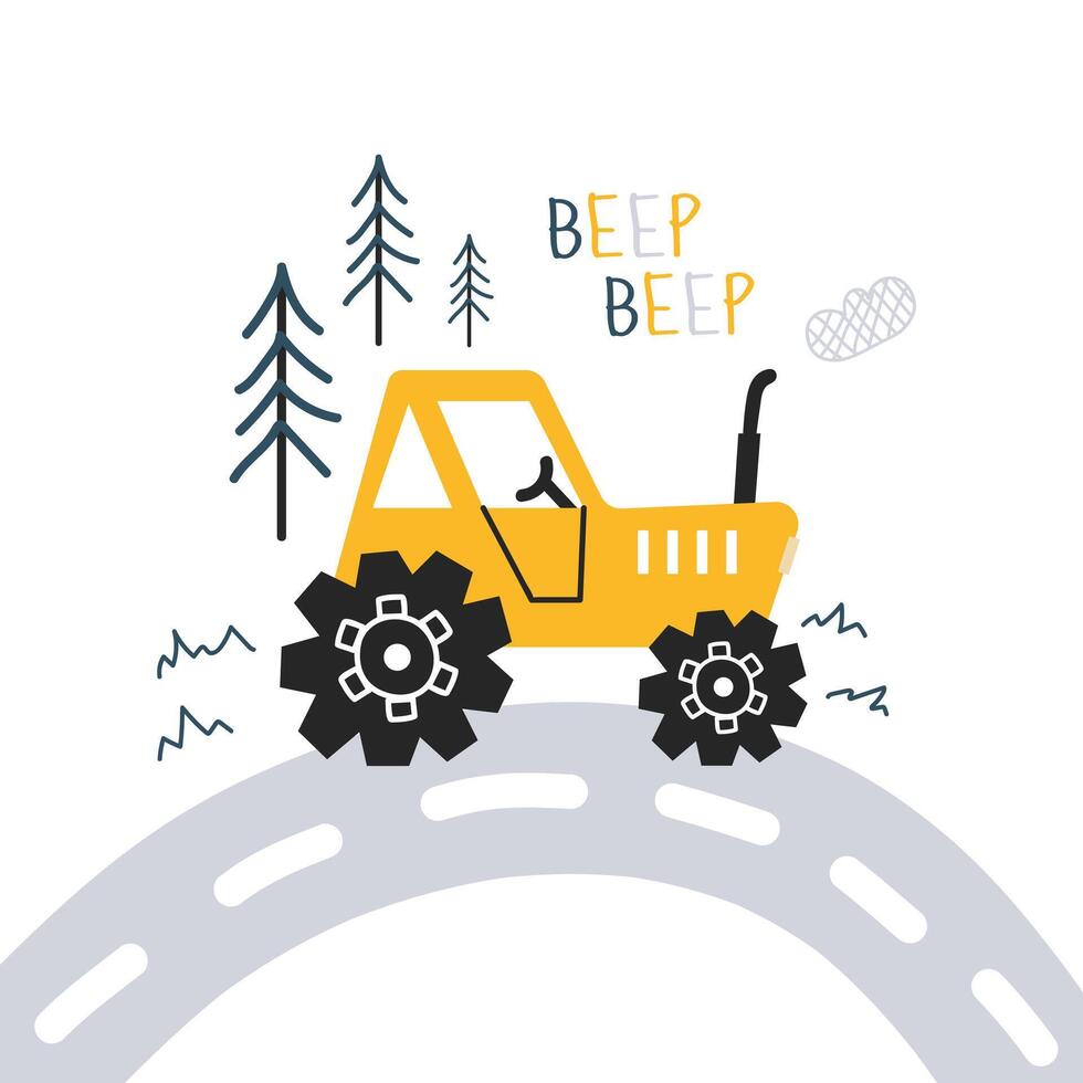 Cute hand drawn tractor. print with cute cars for fabric, textile, wallpaper and postcard design. Children's minimalistic illustration in Scandinavian style. White isolated background. vector