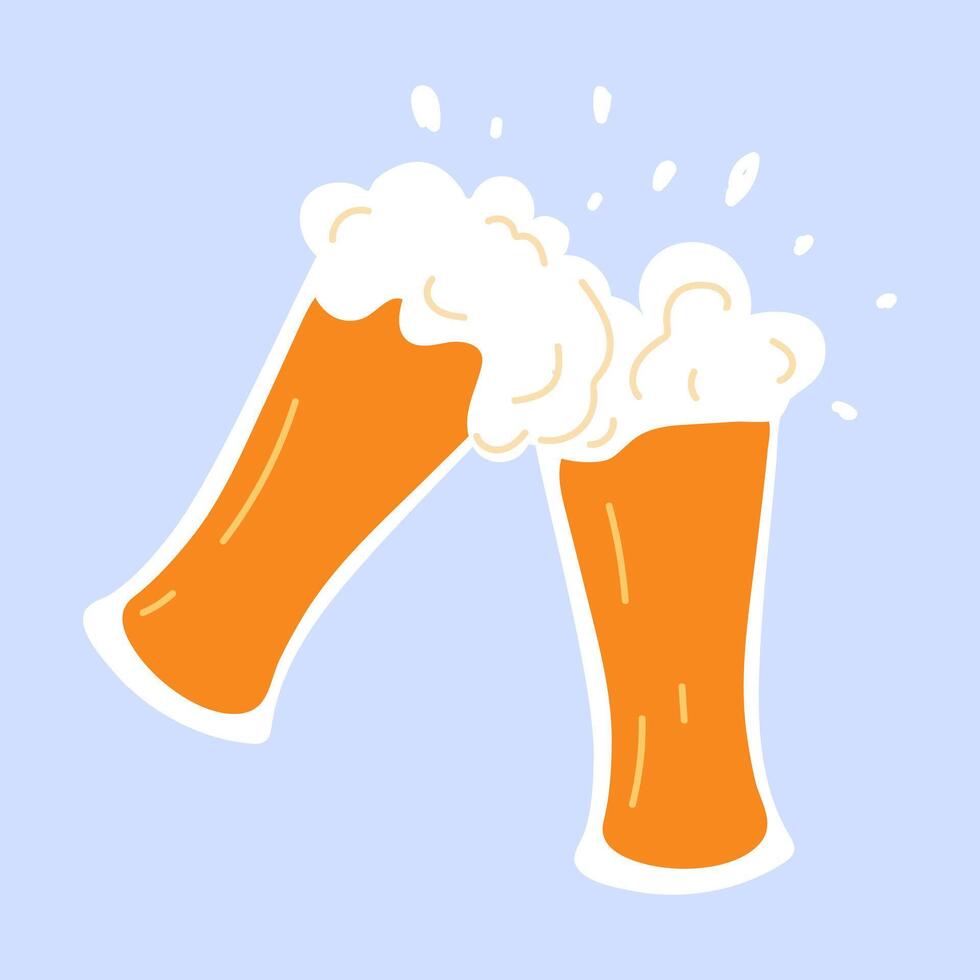 Two glasses of beer. illustration in hand drawn style. Blue isolated background. vector