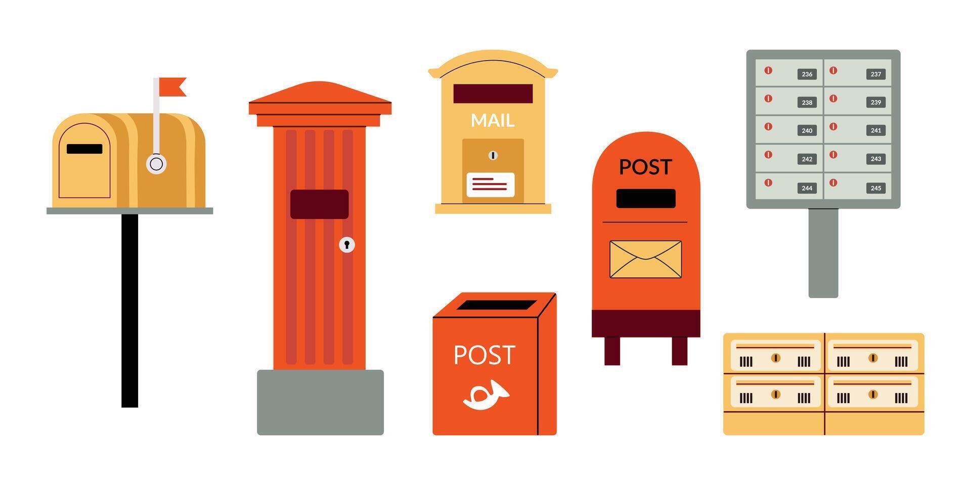 Mailboxes set. Postal mailing letterbox hanged on wall or pillar for delivery mailed letter. illustration in hand drawn style. Delivery, message,communication concept. White isolated background vector