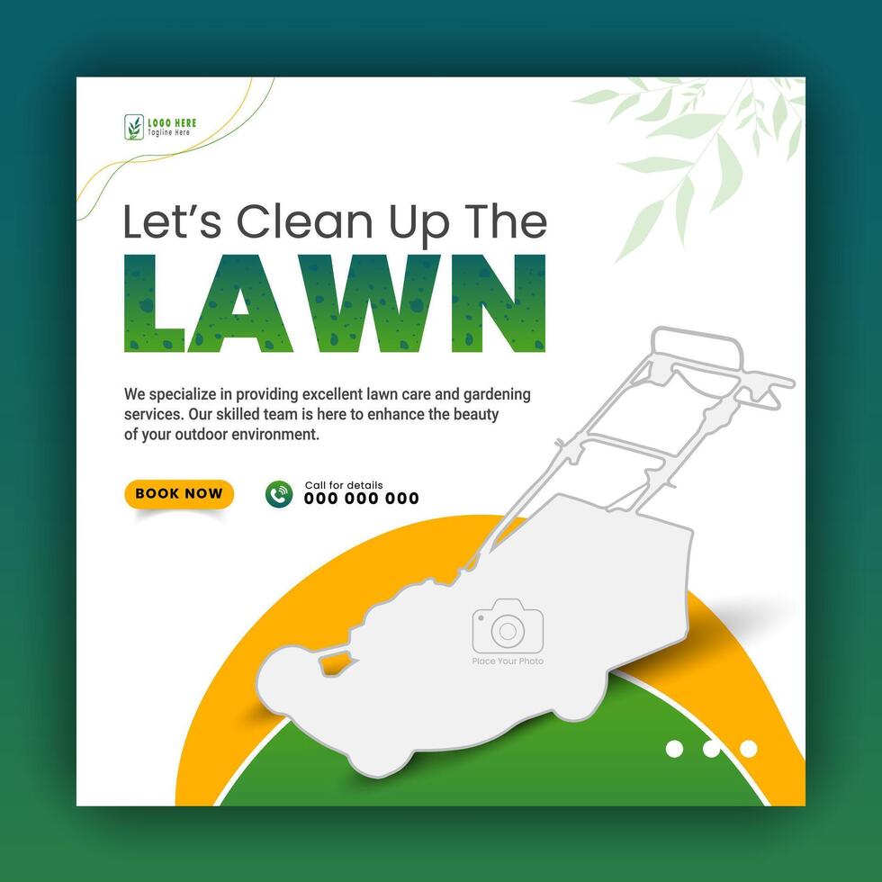 Modern lawn care garden or landscaping service for social media cover or post design template, organic food and agriculture web banner with abstract green gradient and yellow color shapes vector