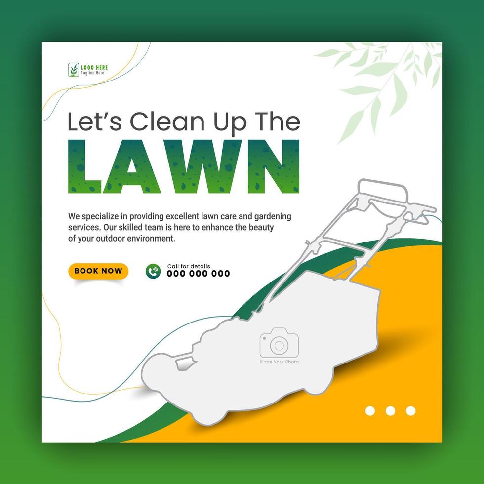 Modern lawn care garden or landscaping service for social media cover or post design template, organic food and agriculture web banner with abstract green gradient and yellow color shapes vector