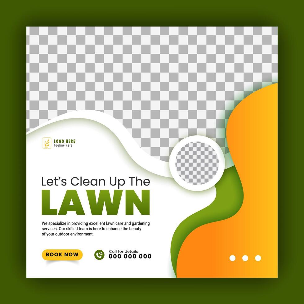 Modern lawn care garden or landscaping service for social media cover or post design template, organic food and agriculture web banner with abstract green gradient and yellow color shapes vector