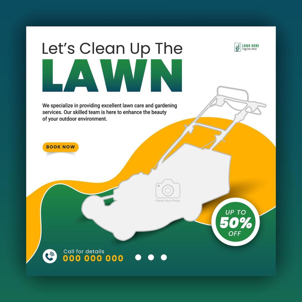 Modern lawn care garden or landscaping service for social media cover or post design template, organic food and agriculture web banner with abstract green gradient and yellow color shapes vector