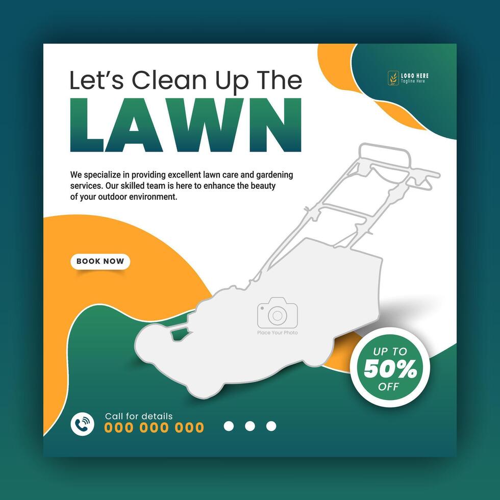 Modern lawn care garden or landscaping service for social media cover or post design template, organic food and agriculture web banner with abstract green gradient and yellow color shapes vector