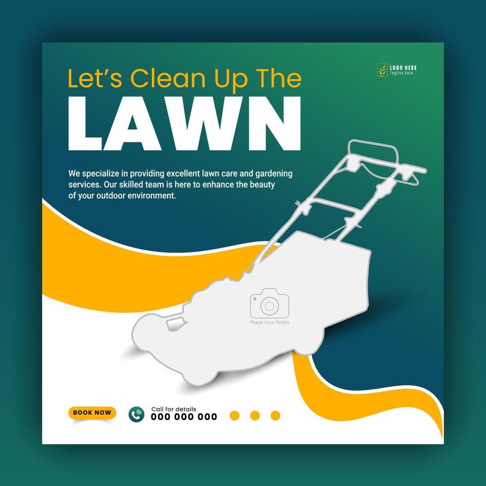 Modern lawn care garden or landscaping service for social media cover or post design template, organic food and agriculture web banner with abstract green gradient and yellow color shapes vector