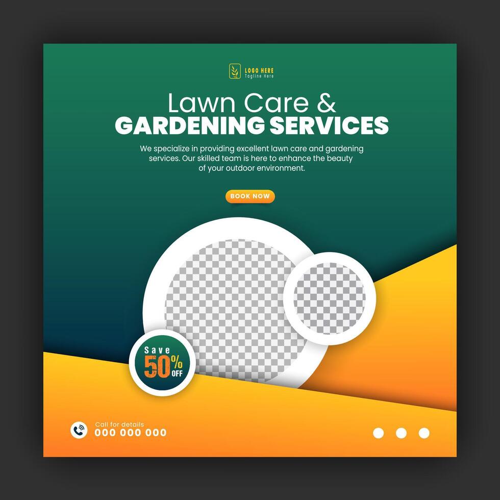 Modern lawn care garden or landscaping service for social media cover or post design template, organic food and agriculture web banner with abstract green gradient and yellow color shapes vector